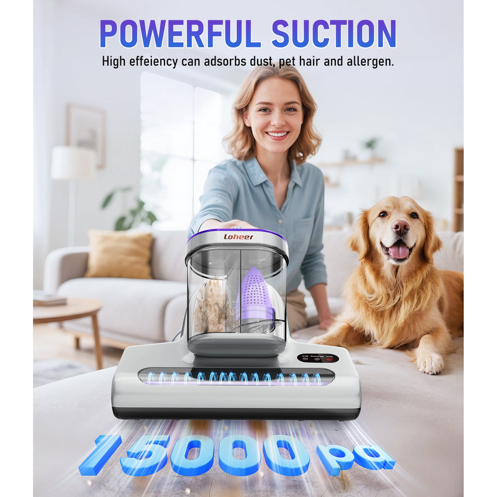 Loheer Mattress Vacuum Cleaner, 15kPa Bed Vacuum Cleaner with 253.7nm UV-C Light, 500W Powerful Handheld Vacuums for Bed, Crib, Pet Hairs, Sofa, Couch, Carpets