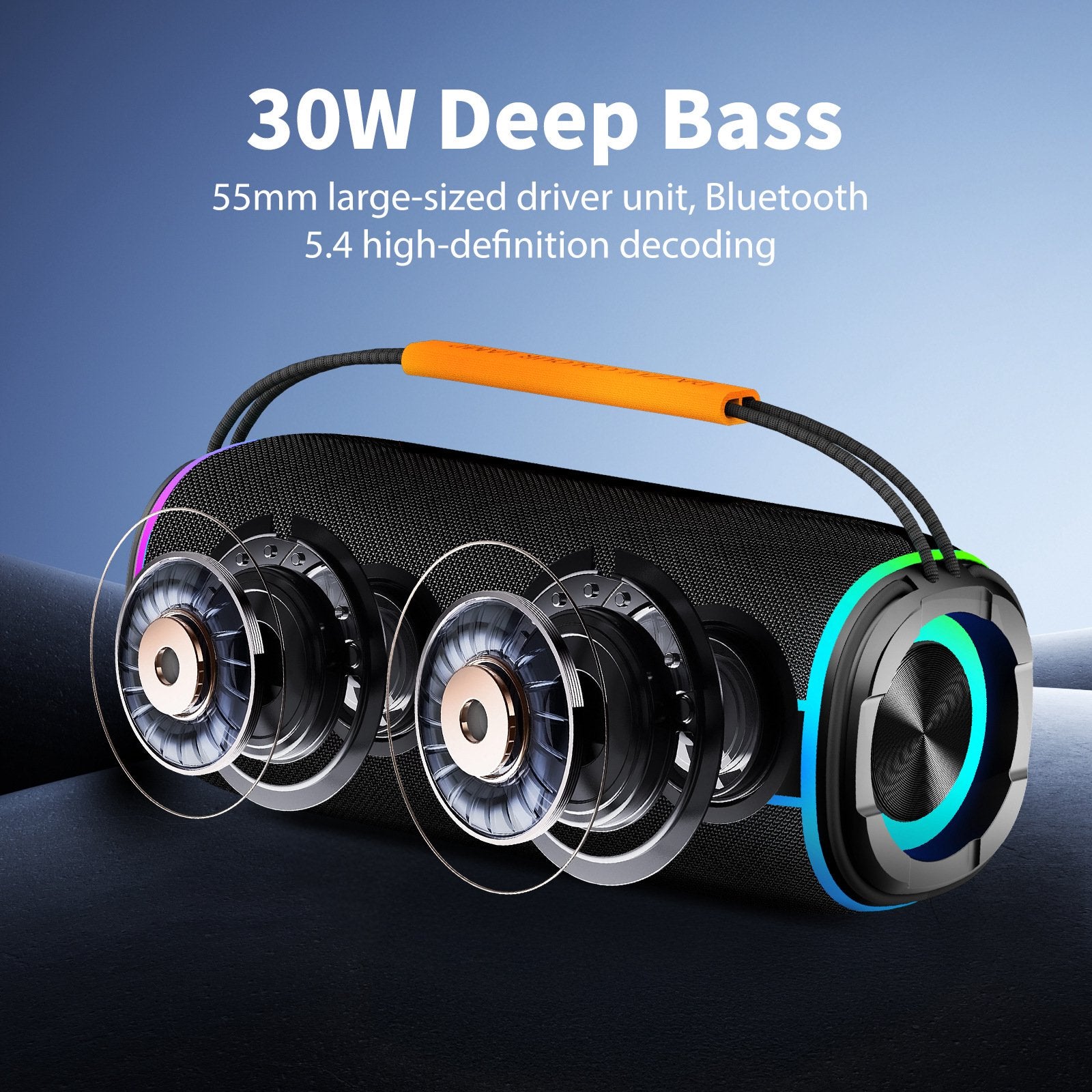 Portable Bluetooth Speaker, 30W Deep Bass Wireless Speaker with 55mm Driver, Bluetooth 5.4, IPX7 Waterproof, 4000mAh Battery, 24H Playtime, TWS Pairing, 11 RGB Light Modes for Outdoor Beach Camping S