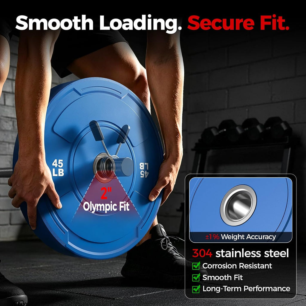 2-Inch Olympic Bumper Plates Set, 10Pcs(each pair 10,15,25,35,45 lb) Colored Virgin Rubber Weight Barbell Plates for Strength Training, Home Gym Weightlifting